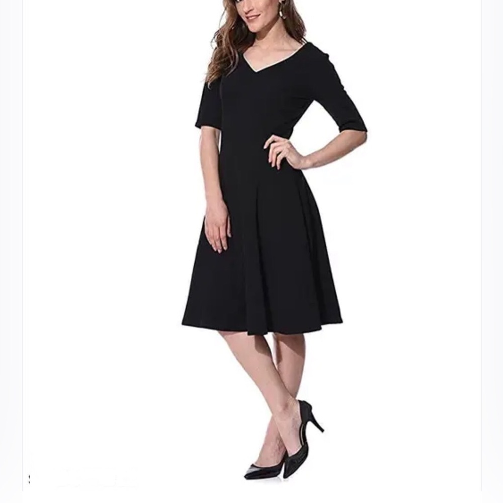 Elegant Black Fit & Flare Midi Dress with 3/4 Sleeves